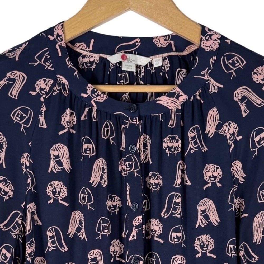 Boden Chit Chat Pink Face Graphic Print Blouse Womens 6 Button Front Long Sleeve